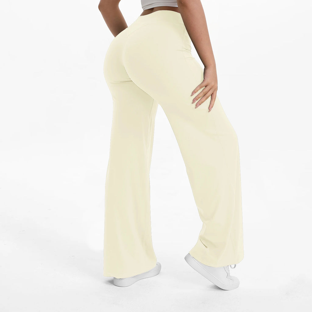 milky white mid waist straight leg yoga pants on model