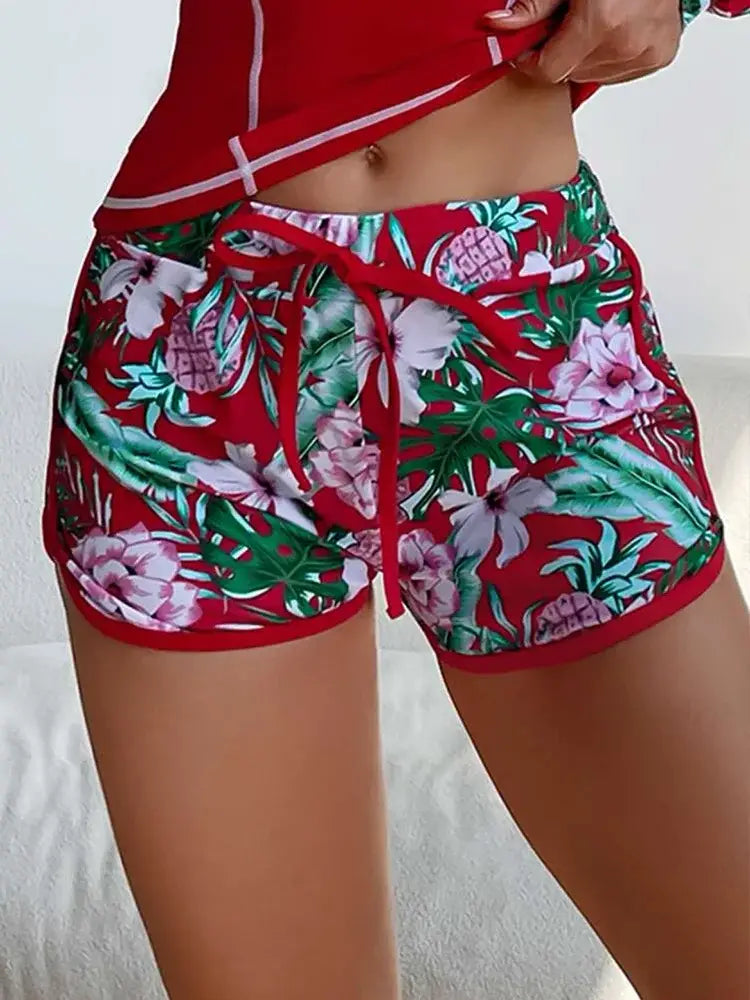 Conjuntos de bikini cortos con estampado tropical aleatorio y manga larga