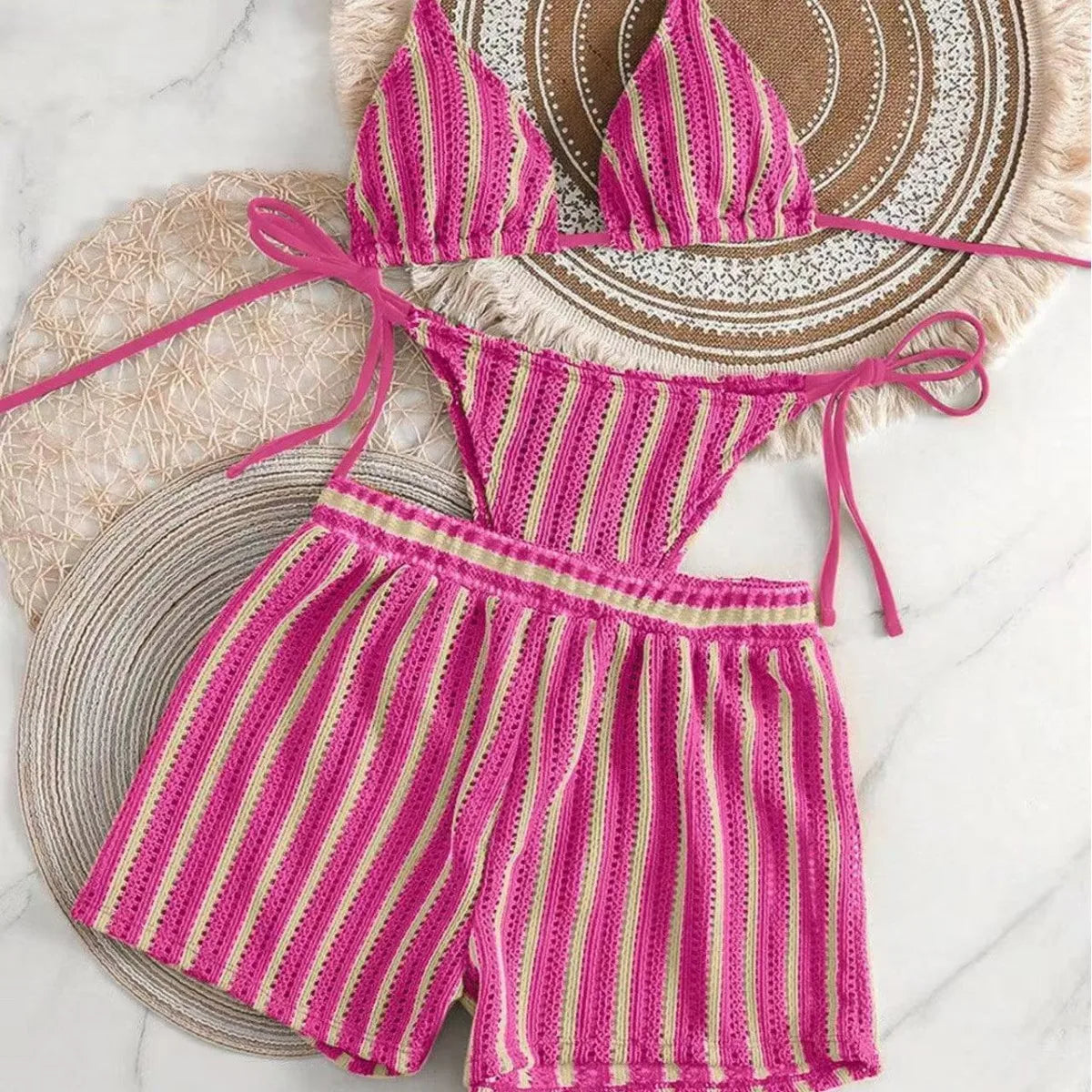 Three‑Piece Mesh Bikini Set – Lace‑Up Neck & Boxer Shorts - Rose red