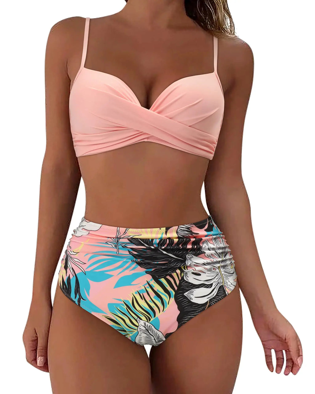 Vintage high‑waist wrap bikini set for women in pink and multicolored tropical leaf print featuring a high‑waist wrap design