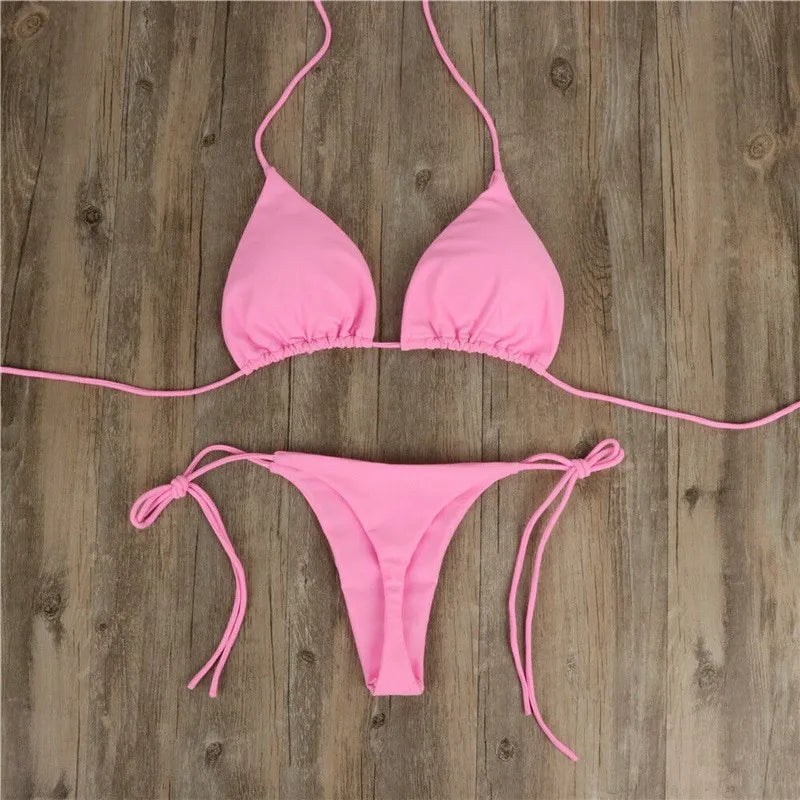 pink push up triangle bikini set with tie neck top and thong bottom
