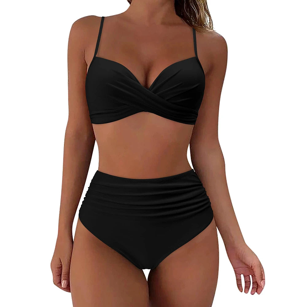 Black high-waist wrap bikini set for women with cross-front top and ruched detailing vintage style