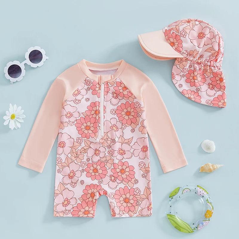Toddler girls pink long sleeve floral rash guard swimsuit set with matching hat and sunglasses for sun protection