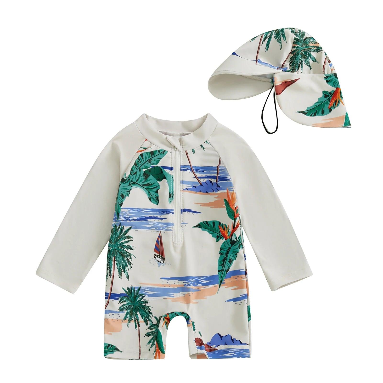 Toddler Boys Long‑Sleeve Rash Guard Swimsuit with Sun Hat