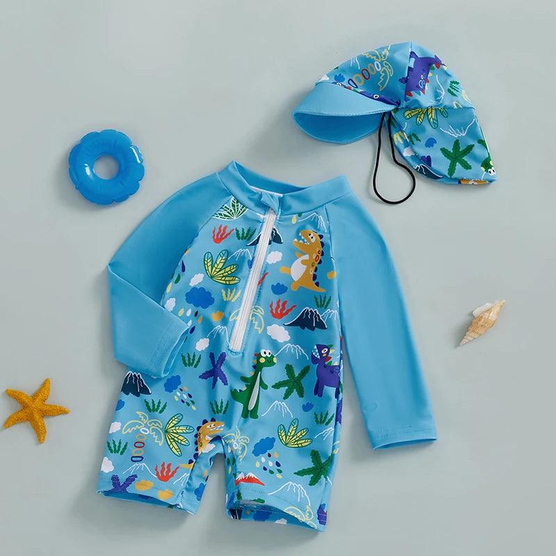 Toddler Boys Long‑Sleeve Rash Guard Swimsuit with Sun Hat