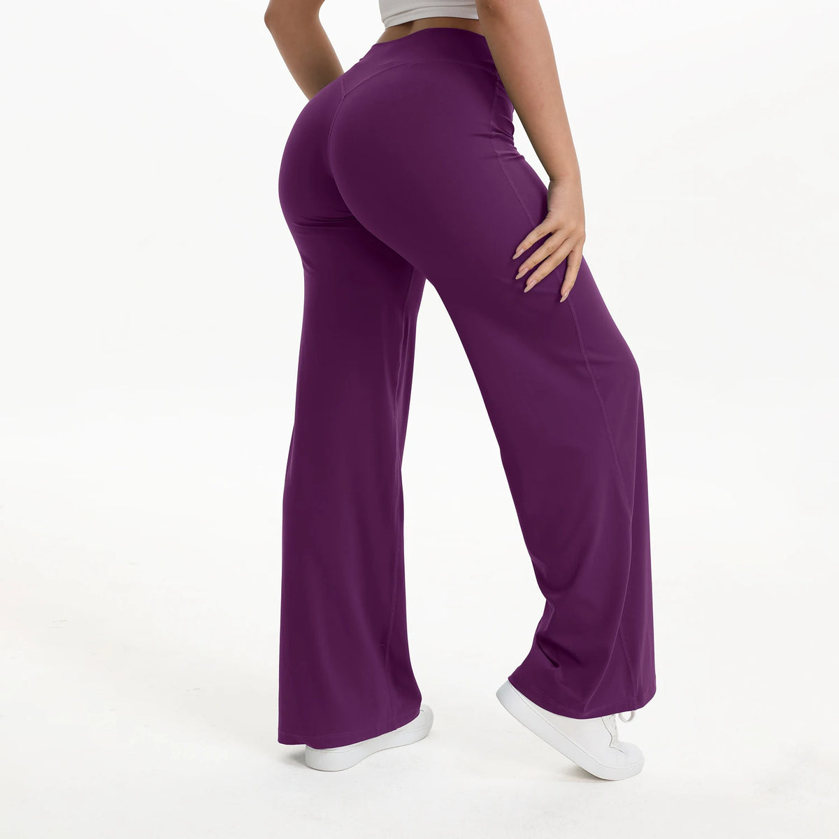 grape purple mid waist straight leg yoga pants on model