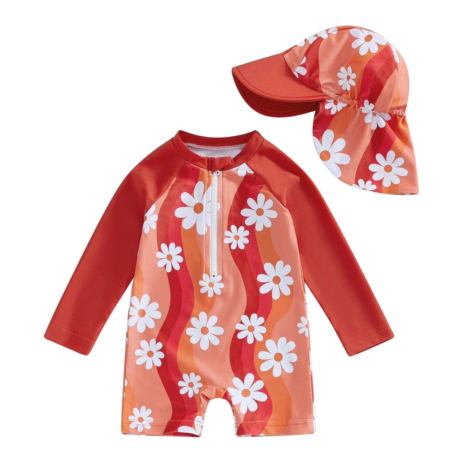 Toddler girls long sleeve rash guard swimsuit set in vibrant orange and red with white daisy pattern and matching sun hat