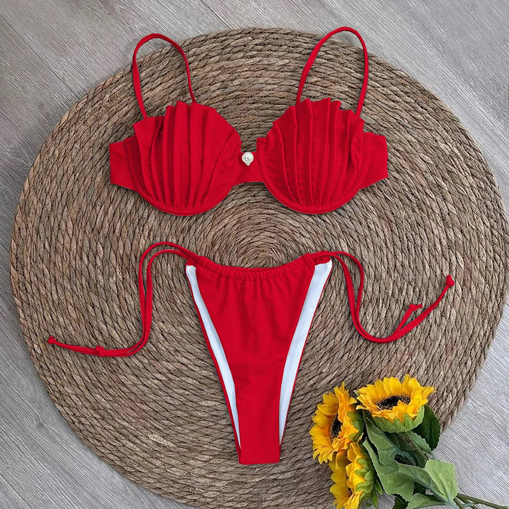 Sexy Shell Micro Bikini Set with Brazilian Thong Bottoms-Red
