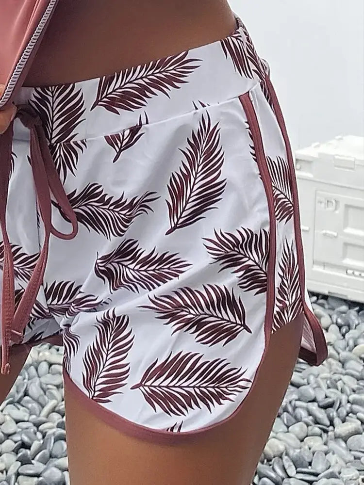 Conjuntos de bikini cortos con estampado tropical aleatorio y manga larga