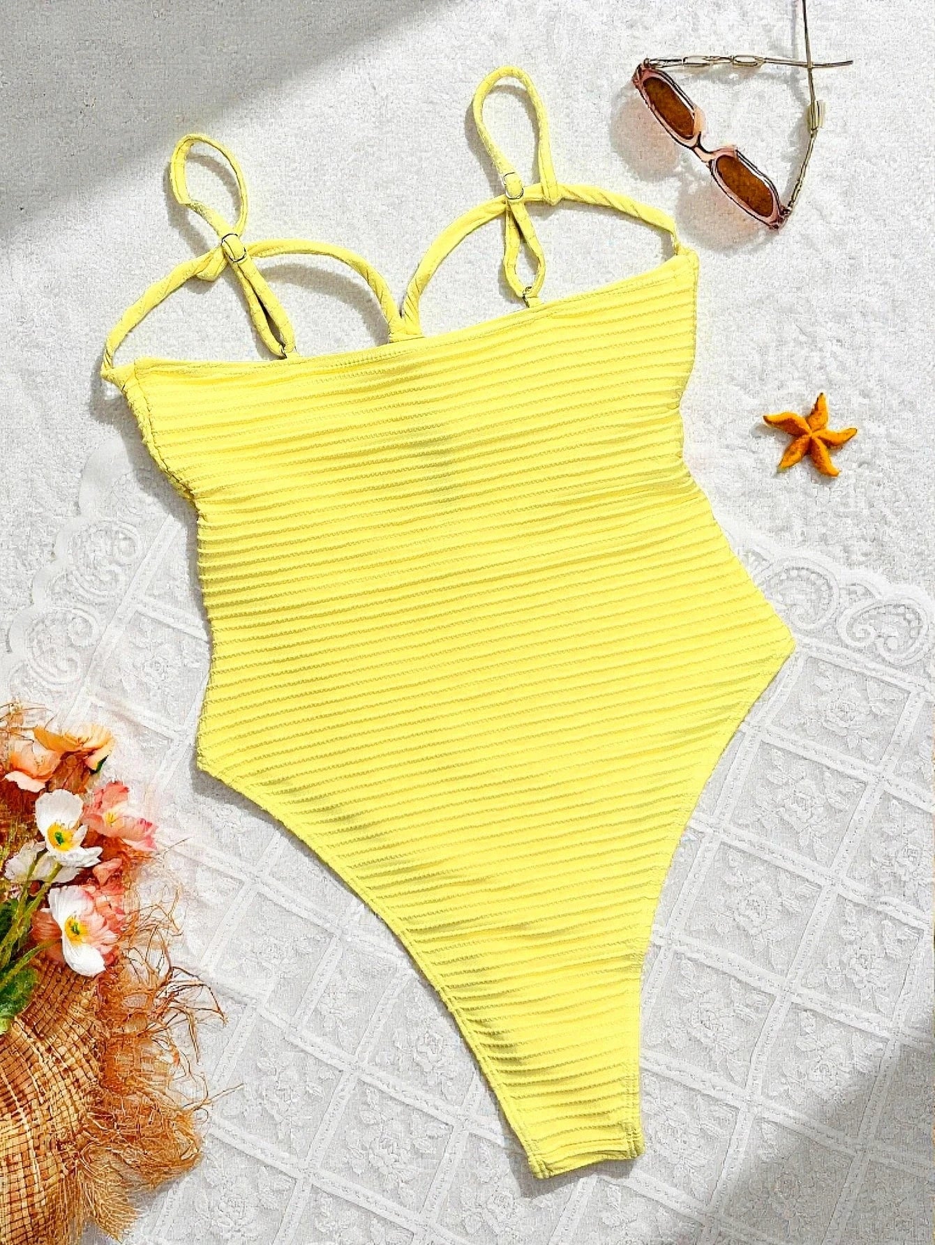 Bright yellow ribbed sexy hollow out cross tummy control one piece swimsuit with thin adjustable straps