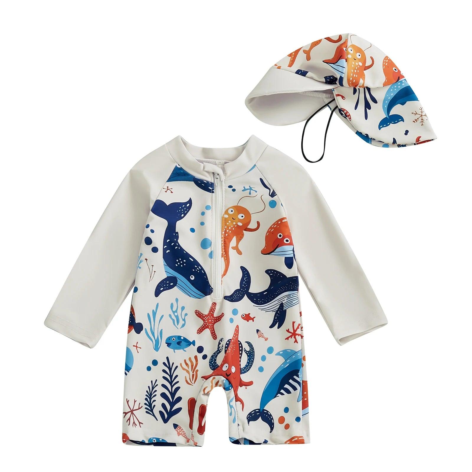 Toddler Boys Long‑Sleeve Rash Guard Swimsuit with Sun Hat