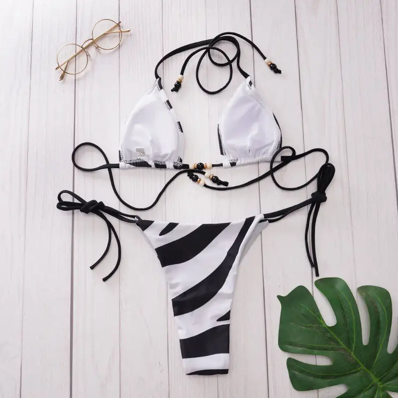 Sunnybikinis Traje de baño bikini sexy de 3 piezas con falda y rayas de cebra