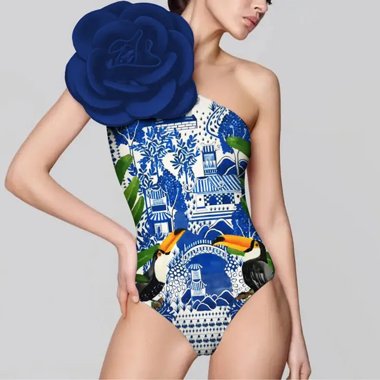 Floral Print One-Shoulder One Piece Swimsuit With Skirt