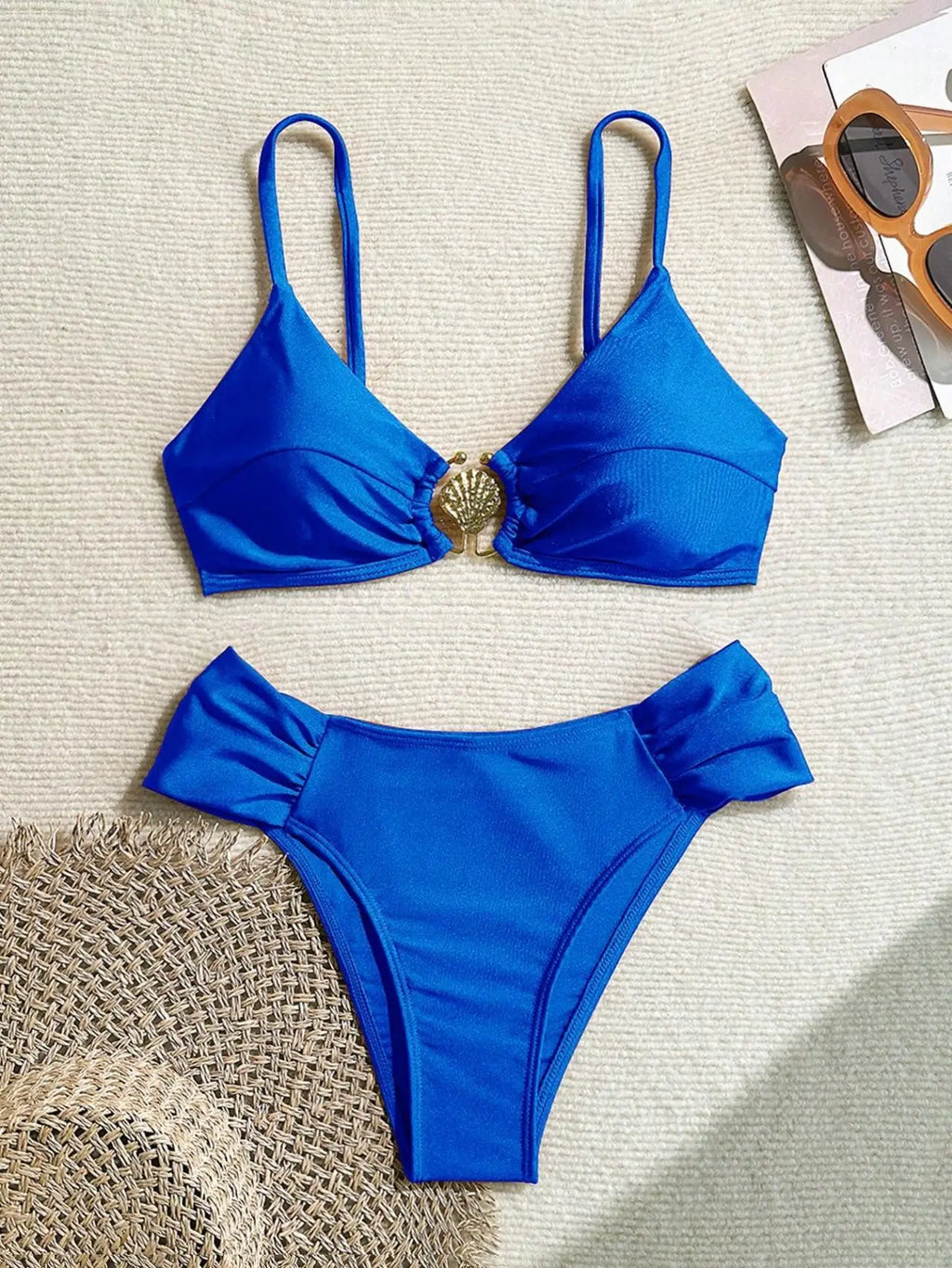 Pleated High‑Waist Bikini Set with Shell Metal Buckle - ROYAL BLUE1