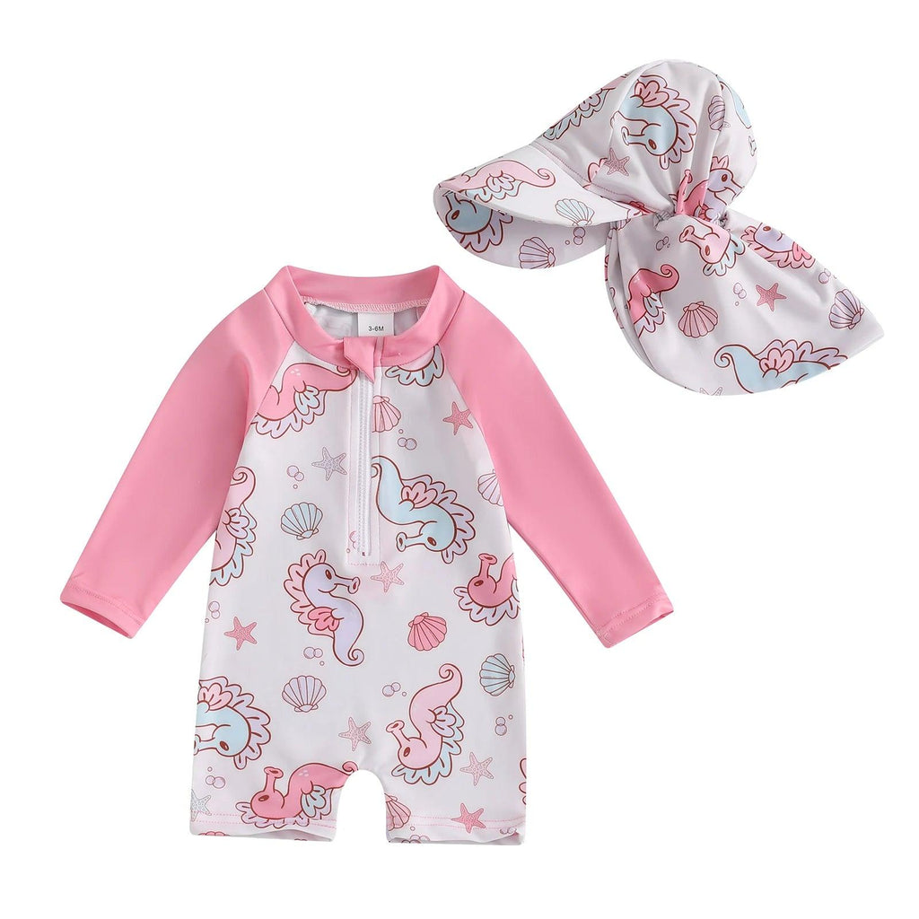 Toddler pink and white seahorse-themed long-sleeve swimsuit with matching sun hat for floral tropical use