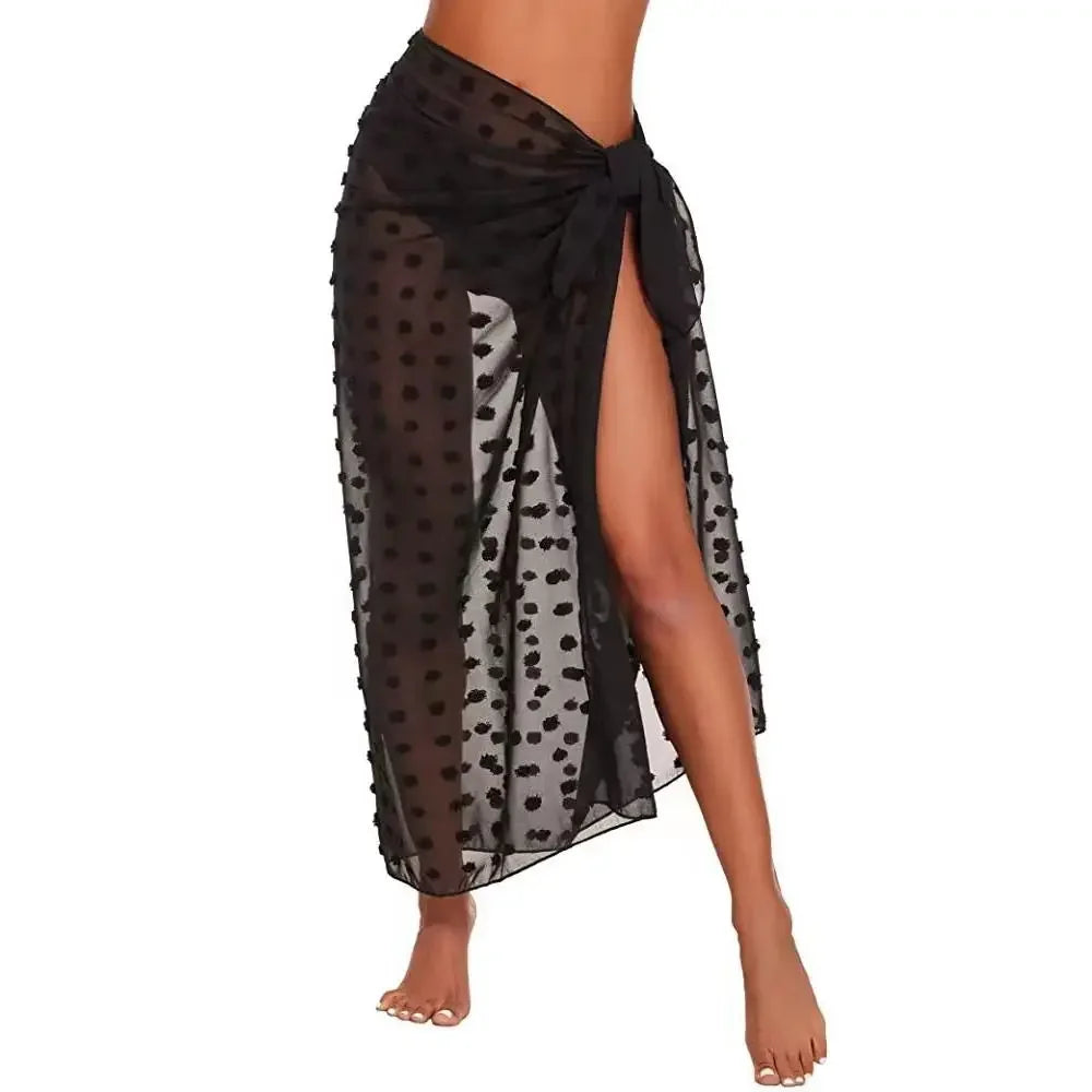model wearing a long black sheer chiffon sarong wrap