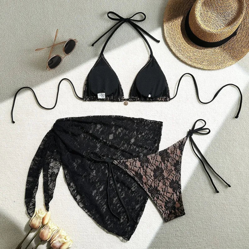 black lace halter top and high waisted bottom laid flat