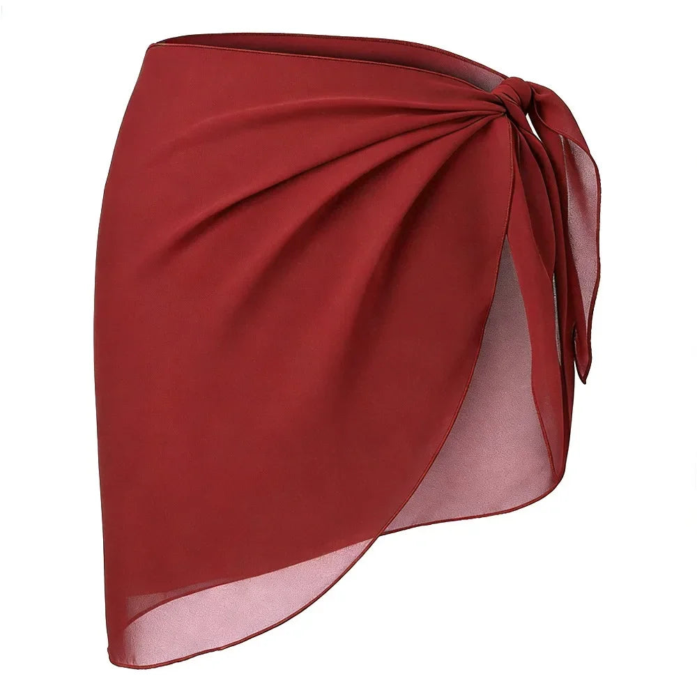 burgundy chiffon sarong wrap with side knot laid flat