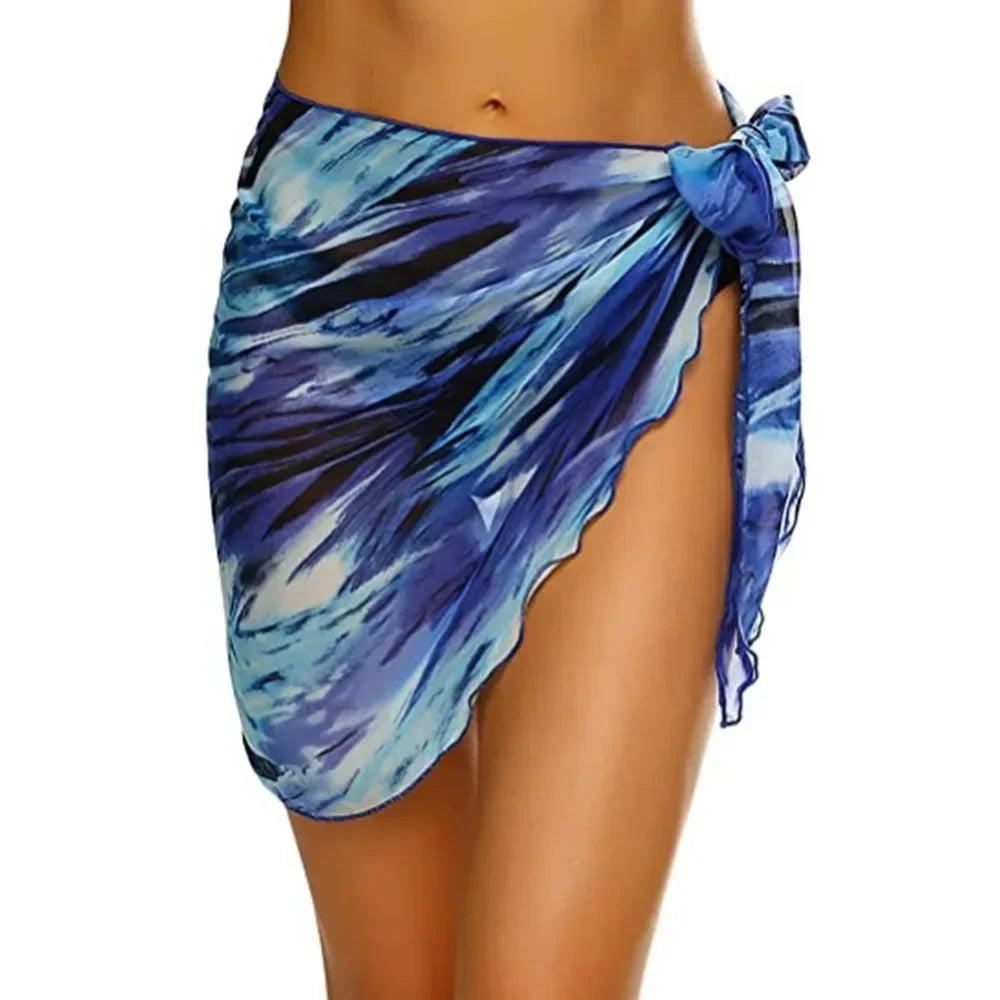 model wearing a blue abstract swirl print chiffon sarong wrap