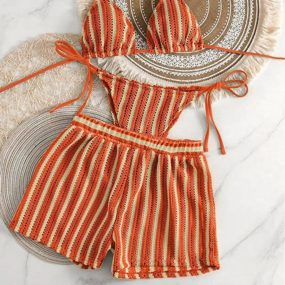 Three‑Piece Mesh Bikini Set – Lace‑Up Neck & Boxer Shorts - Orange red
