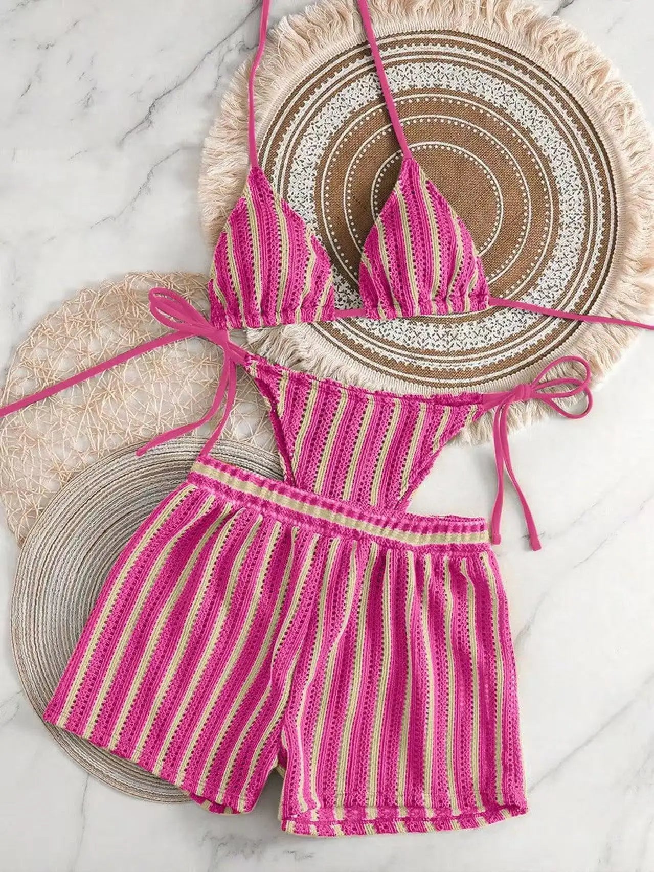 Three‑Piece Mesh Bikini Set – Lace‑Up Neck & Boxer Shorts - Rose red2