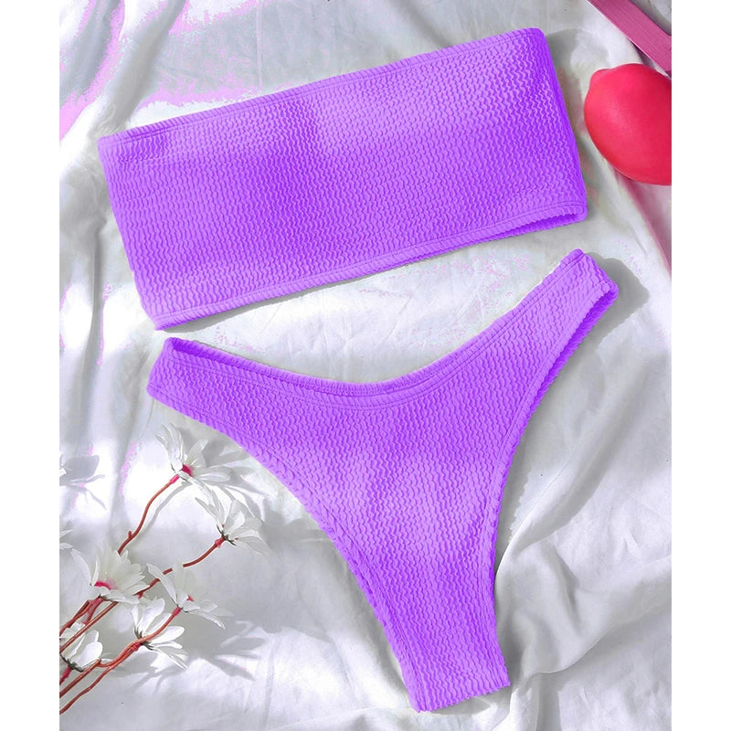 Textured Bandeau Brazilian Bikini Set – High‑Cut Swimwear - Purple