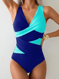 Patchwork Deep V Cross‑Front One‑Piece Swimsuit for Women