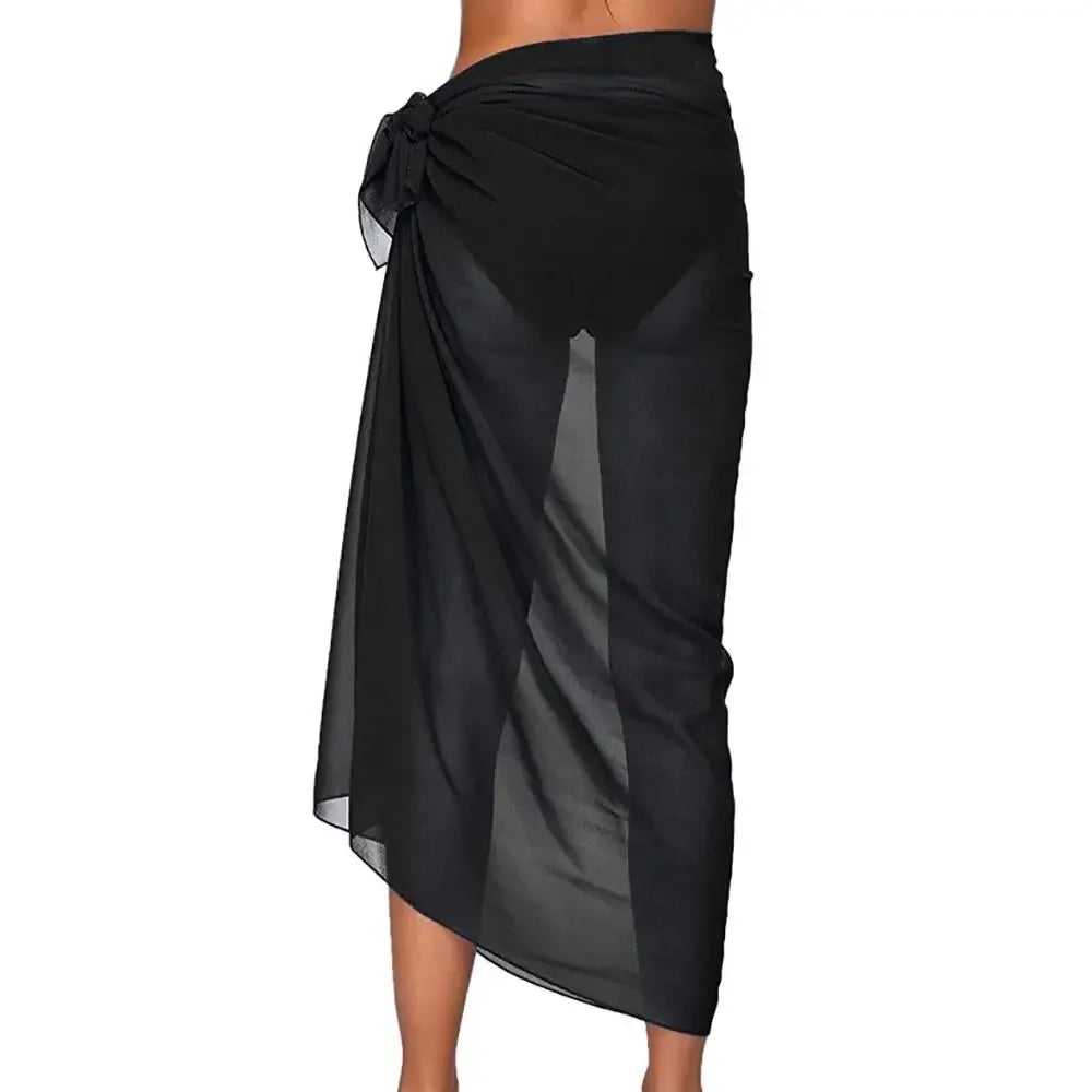 model wearing a black sheer chiffon sarong wrap with long side ties