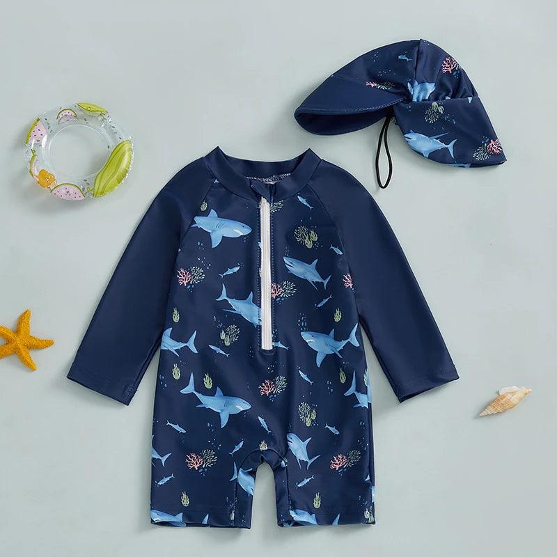 Toddler Boys Long‑Sleeve Rash Guard Swimsuit with Sun Hat