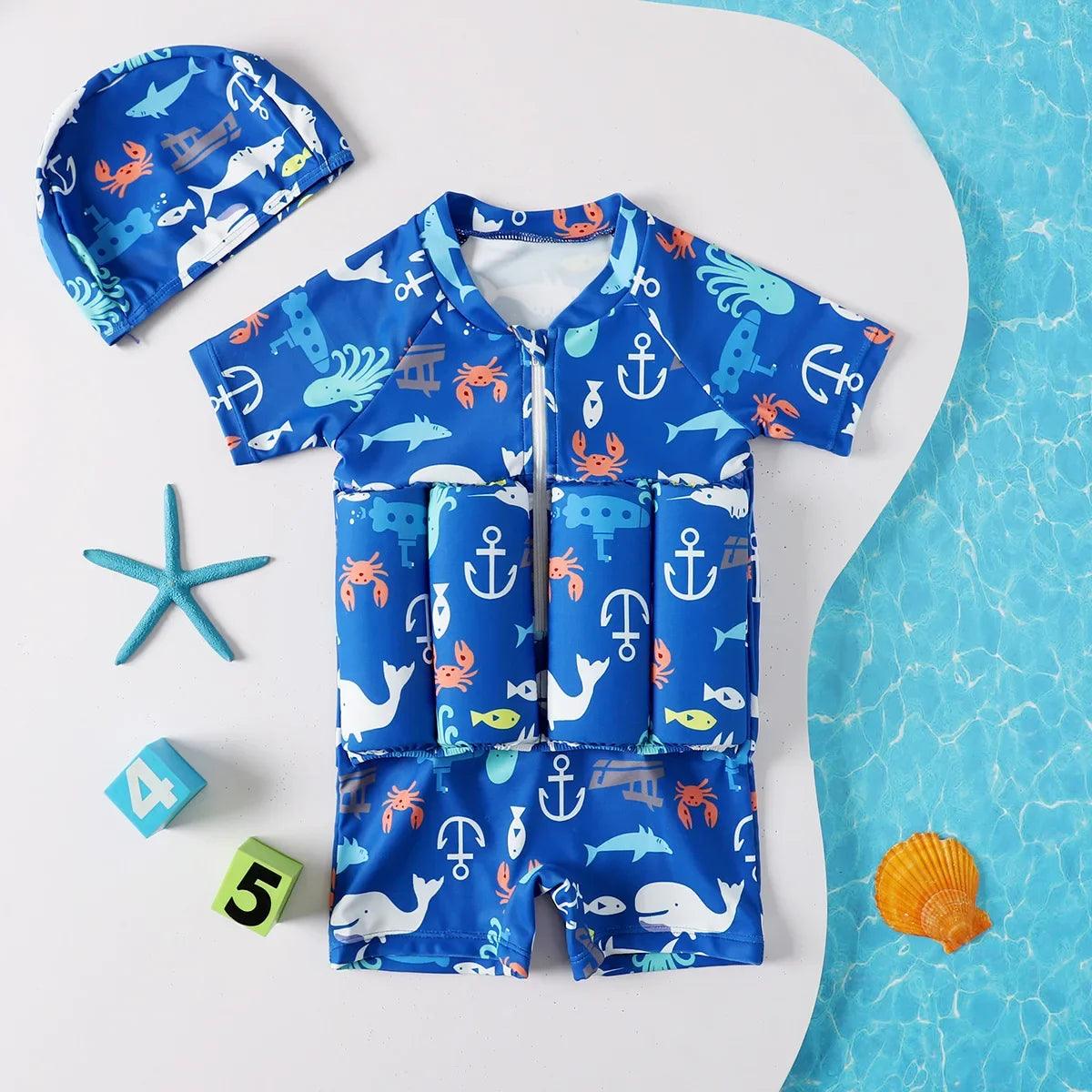 Blue kids cartoon buoyancy one-piece swimsuit with ocean-themed print and matching cap for swimming training