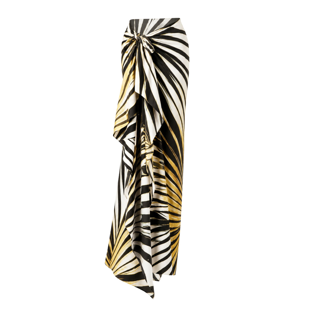 Printed wrap maxi beach skirt in black white and golden palm leaf pattern