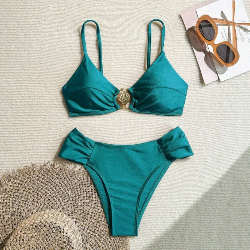 Pleated High‑Waist Bikini Set with Shell Metal Buckle - Turquoise