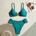 Pleated High‑Waist Bikini Set with Shell Metal Buckle - Turquoise