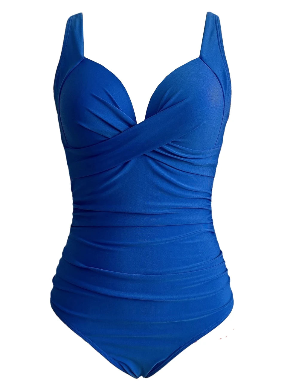 royal blue cross strap ruched one piece swimsuit with cutout bodice laid flat