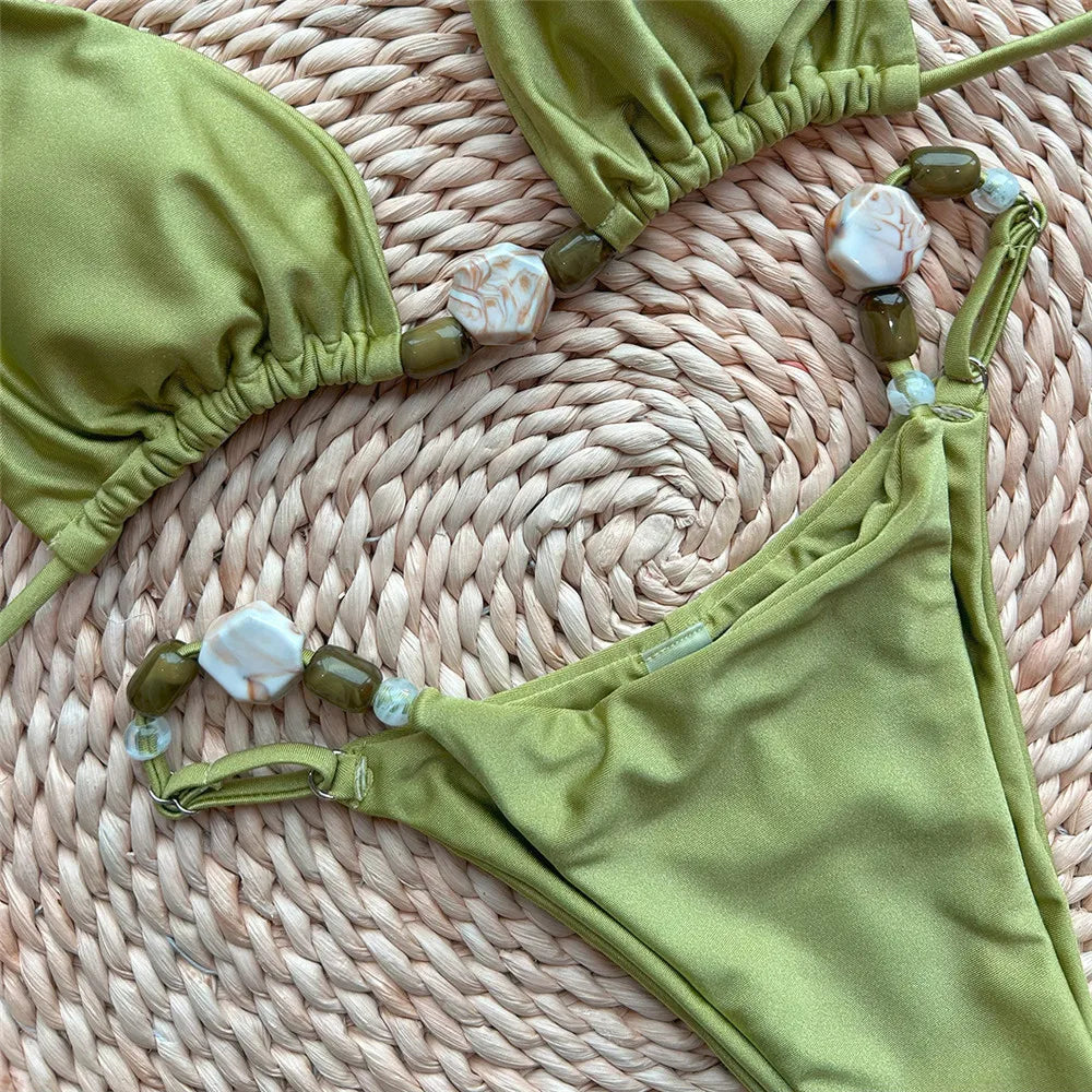 Solid Green Halter Bead‑String Micro Brazilian Bikini
