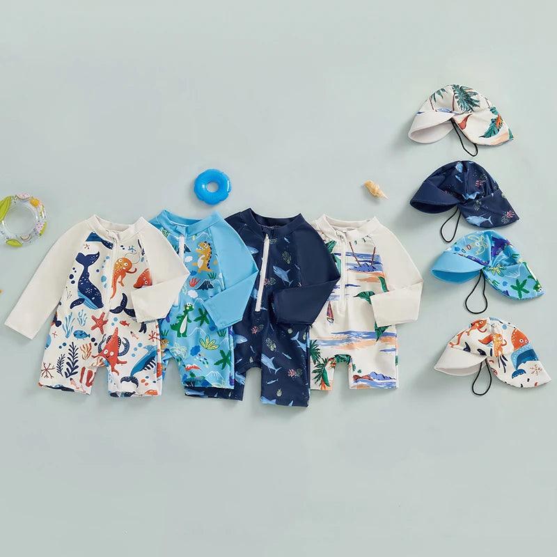Toddler Boys Long‑Sleeve Rash Guard Swimsuit with Sun Hat