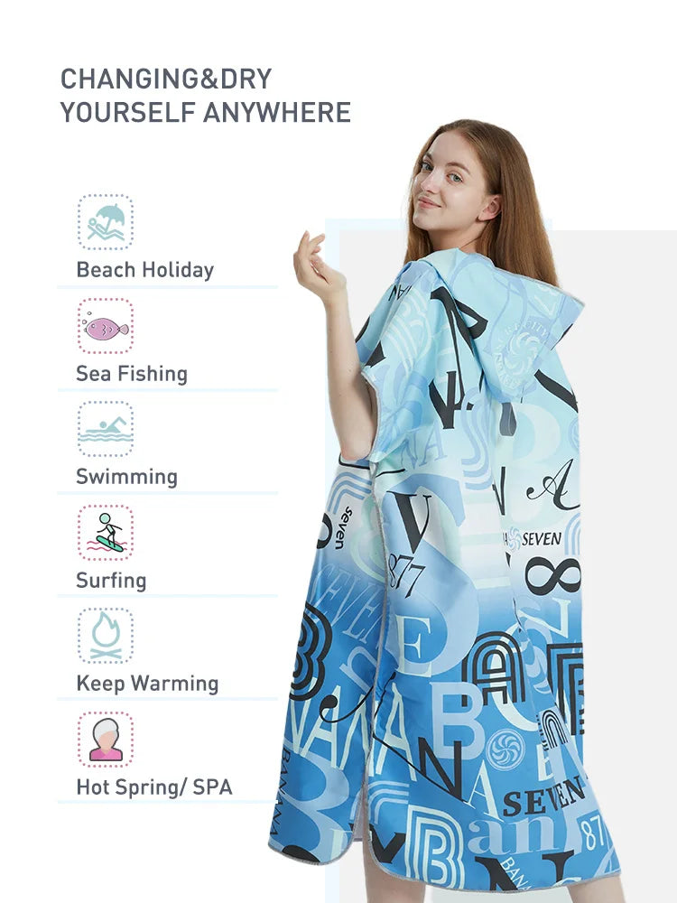 Surf Poncho Towel (Blue) – Quick‑Dry Microfiber Changing Robe - Occasion: Beach Holiday,Sea Fishing,Swimming,Surfing,Hot Spring/ SPA