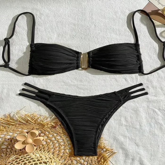 Sexy Push‑Up Brazilian Bikini Set with Low‑Waist Bottoms-Black