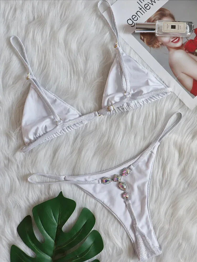White triangle bikini with rainbow rhinestone link micro G-string