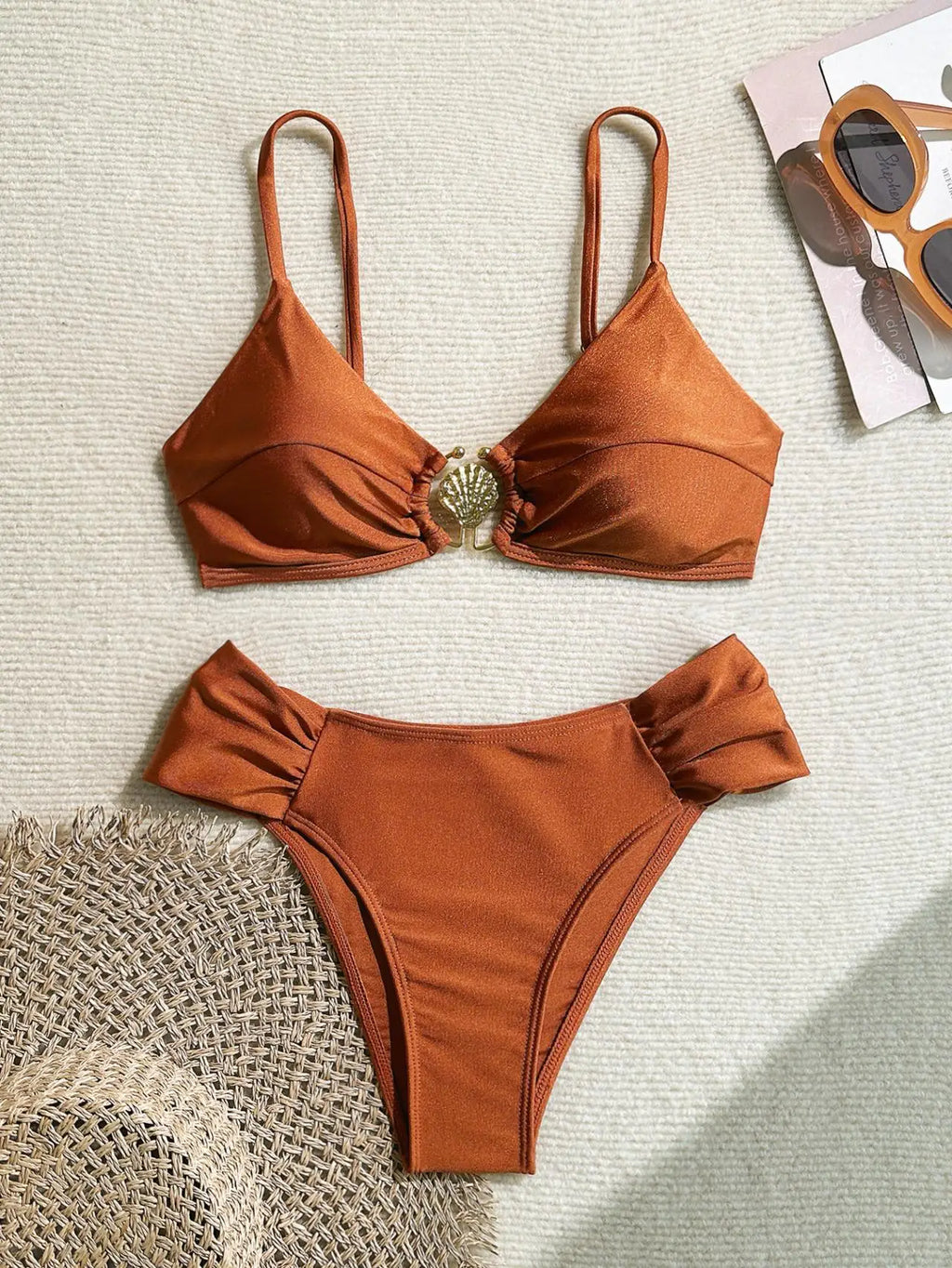 Pleated High‑Waist Bikini Set with Shell Metal Buckle - Orange1