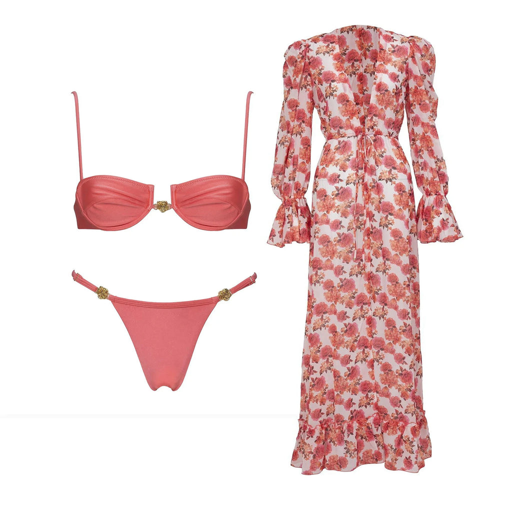 Solid coral underwire micro bikini with long-sleeve ruffle floral dress set flat lay