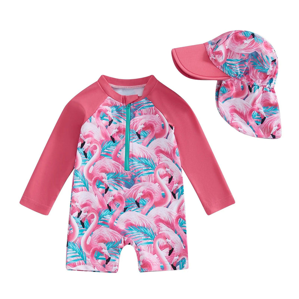 Toddler girls long sleeve floral flamingo rash guard swimsuit set with pink flamingo print teal zipper and matching pink sun hat