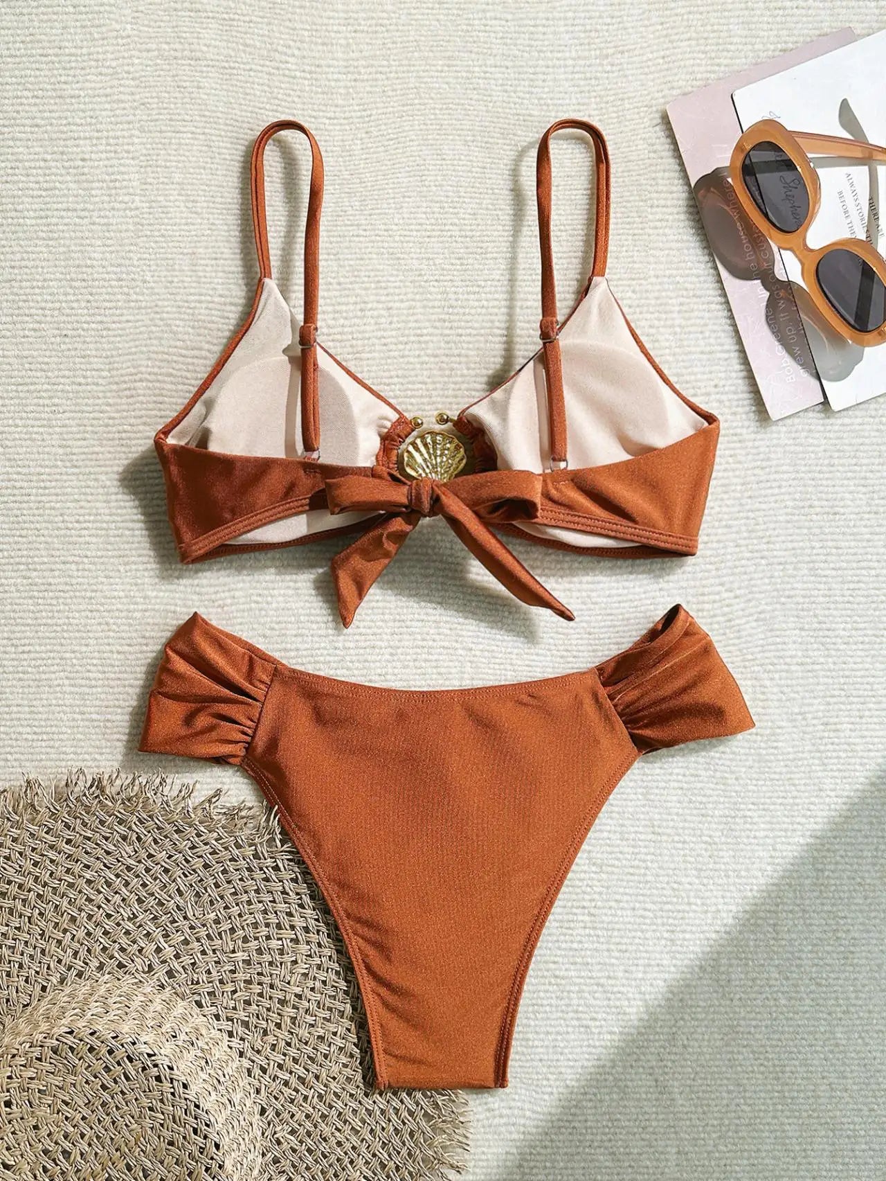 Pleated High‑Waist Bikini Set with Shell Metal Buckle - Orange2