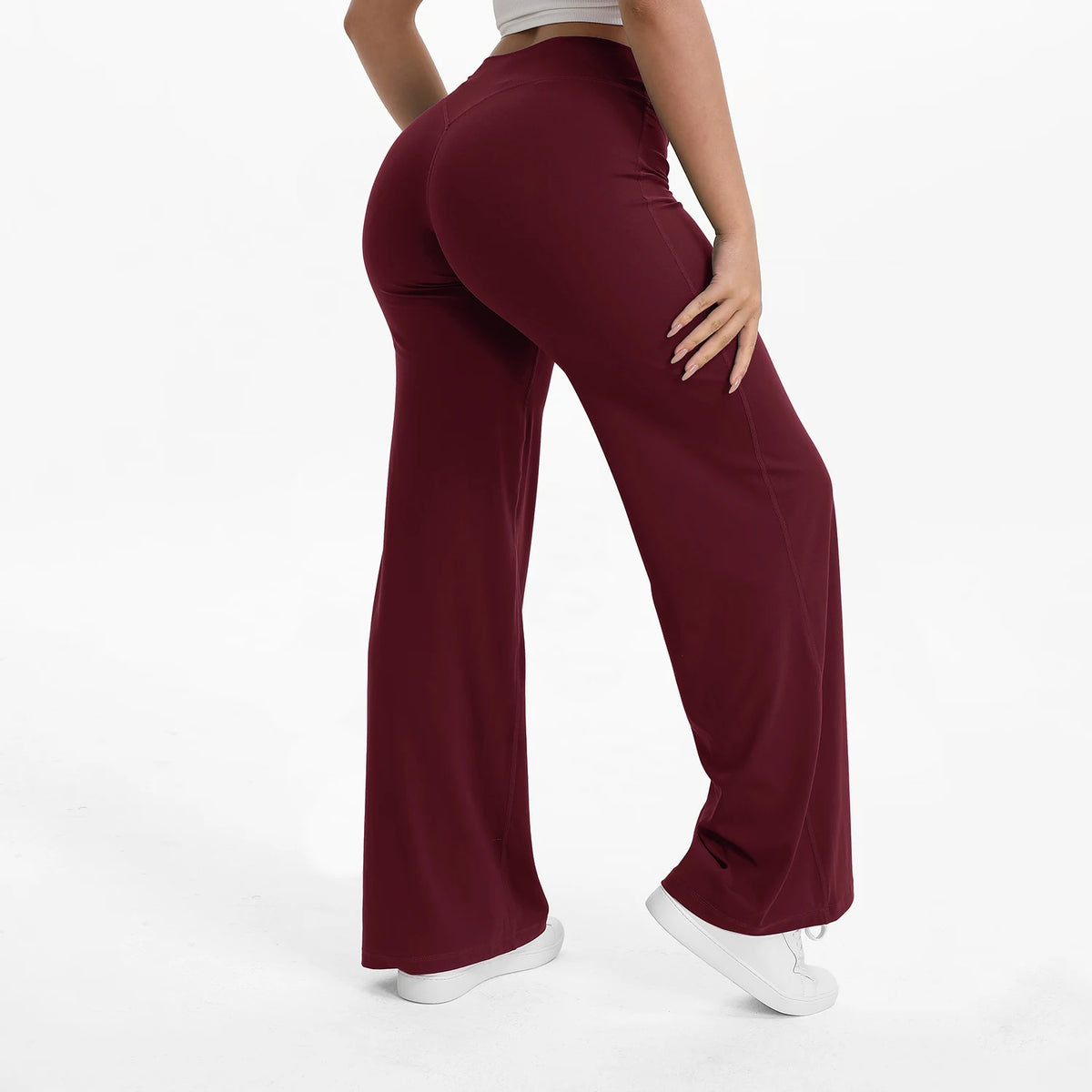 wine purple mid waist straight leg yoga pants on model