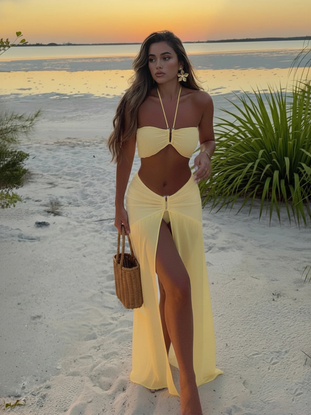 Halter Neck 3‑Piece Bikini Set with Sheer Split Maxi Skirt - Yellow
