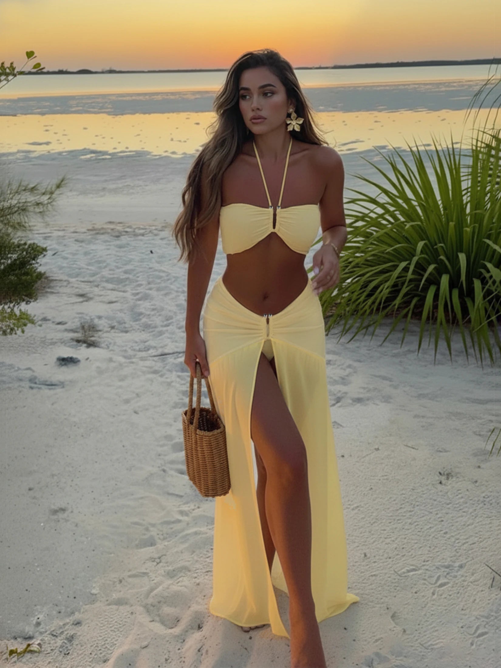 Halter Neck 3‑Piece Bikini Set with Sheer Split Maxi Skirt - Yellow