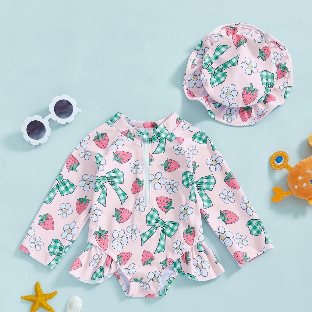 Toddler girls long-sleeve rash guard swimsuit with pink strawberry and daisy pattern and green plaid bows with hat