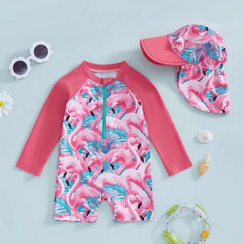 Toddler girls long-sleeve floral flamingo rash guard swimsuit set with pink sleeves and teal zipper front