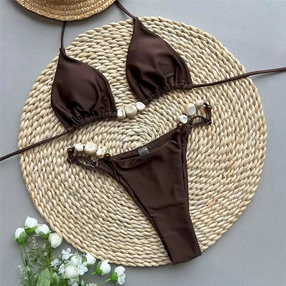 Solid Green Halter Bead‑String Micro Brazilian Bikini