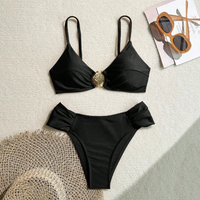 Pleated High‑Waist Bikini Set with Shell Metal Buckle - Black